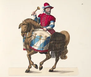 Trommeslager ved en turnering, plate fra 'A History of the Development and Customs of Chivalry', av Dr. Franz Kottenkamp, utgitt av Carl Hoffmann, 1842