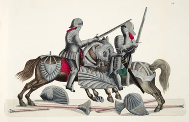 To riddere ved en turnering, plate fra 'A History of the Development and Customs of Chivalry', av Dr. Franz Kottenkamp, utgitt av Carl Hoffmann, 1842
