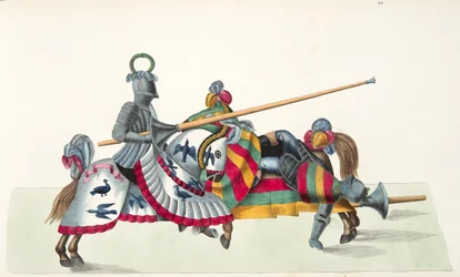 To riddere ved en turnering, plate fra 'A History of the Development and Customs of Chivalry', av Dr. Franz Kottenkamp, utgitt av Carl Hoffmann, 1842