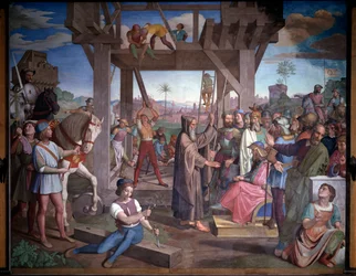 Første korstog: Forberedelser for angrepet av Jerusalem. Representasjon av Godefroy de Bouillon, sittende foran Eremitten Peter - Fresco
