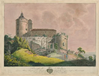 Bergfeste Stolpen, ca. 1800 (farget gravering)
