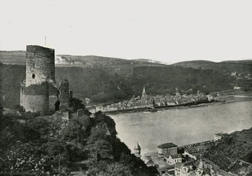 Katz med utsikt over Rhinen, St. Goarshausen, Tyskland, 1895.