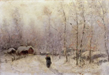 Kvinne med barn i vinterlandskap (olje på lerret)