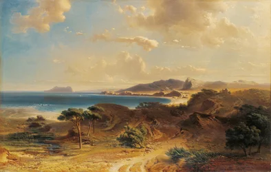 Stranden ved Estepona med utsikt over Gibraltar-klippen - Bamberger, Fritz (Friedrich) (1814-1873) - 1855 - Olje på lerret - 73x112,7 - Museo Carmen Thyssen, Malaga