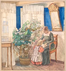 Mor og barn ser på bilder (Anna og Hans Syberg)