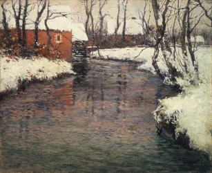 A Winter River Landscape (olje på lerret)