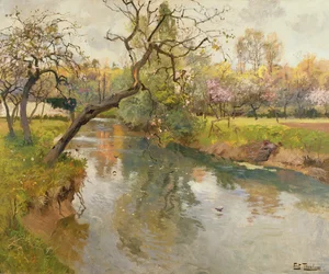 Fransk elvelandskap med et blomstrende tre