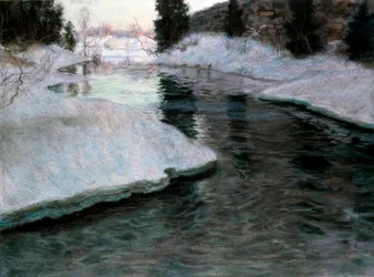 Le degel de la glace : la riviere Lysaker. Peinture Fritz Thaulow (1847-1906). Pastel sur toile. Collection privee.