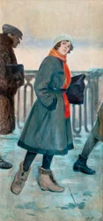 ""På vei til jobb"" En kvinne som skal på jobb (Veien til jobb) Maleri av Fyodor Buchholz (1857-1942) Olje på lerret 1926 Dim 71x34 cm Privat samling