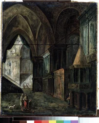 I en katedral (I en katedral). Maleri av Fjodor Yakovlevich Alexeev (1753-1824). Olje på lerret, 35,5 x 30,5 cm