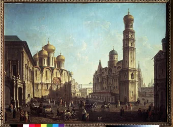 Katedralplassen i Kreml i Moskva. Maleri av Fjodor Yakovlevich Alexeev (1753-1824). Olje på lerret, 81,5 x 112 cm. Russisk kunstklassisisme. Statens Tretyakov-galleri, Moskva.