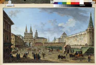 Moskva, utsikt over oppstandelsesporten ved Den røde plass. Maleri av Fjodor Yakovlevich Alexeev (1753-1824). Akvarell og gouache på papir, 58,2 x 91,2 cm, ca 1801. Russisk kunst, klassisisme. Museum av
