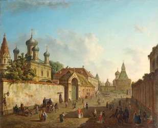 Utsikt fra Lubyanka-plassen til Vladimir-porten i Moskva, Russland, 1800-tallet.