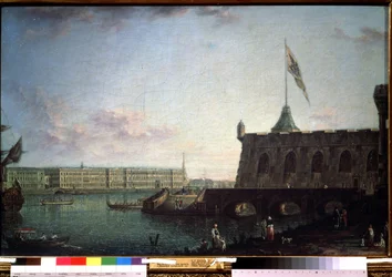 Utsikt fra Peter og Paul-festningen og palassvollen i St. Petersburg. Maleri av Fjodor Yakovlevich Alexeev (1753-1824). Olje på lerret, 71,5 x 109 cm