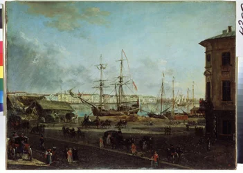 Utsikt over den engelske vollen fra Vasilievsky-øya, St. Petersburg (Utsikt over den engelske vollen fra Vasilievsky-øya). Maleri av Fjodor Yakovlevich Alexeev (1753-1824). Olje på lerret, 53 x 72,5 cm