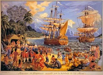 Jean Francois Galaup de Laperouse ønsket velkommen av innbyggerne på Mawee Island på Sandwichøyene i Stillehavet (farge litho)