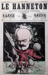 Karikatur av Victor Hugo (1802-85) som Zevs i eksil på Guernsey, fra forsiden av Le Hanneton, juni 1867