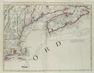 Acadia, provinsene Sagadahoc og Maine, New Hampshire, Rhode Island og en del av Massachusetts og Connecticut, gravering av G. Zuliani hentet fra Tome I av "Newest Atlas" utgitt i Venezia i 1778 av Antonio Zatta, Private Collection