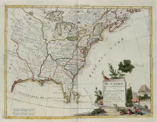 Canada, de engelske koloniene med Louisiana og Florida, gravering av G. Zuliani hentet fra Tome I of the Newest Atlas publisert i Venezia i 1778 av Antonio Zatta, Private Collection