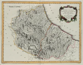 Farther and Hither Abruzzo, gravering av G. Zuliani hentet fra Tome II av "Newest Atlas" utgitt i Venezia i 1783 av Antonio Zatta, Private Collection
