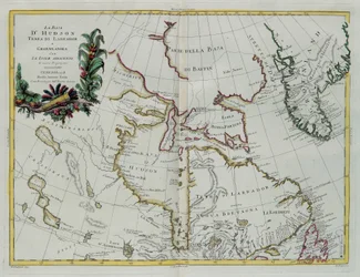 Hudson Bay, Land of Labrador og Grønland med de tilstøtende øyene, gravering av G. Zuliani hentet fra Tome I av "Newest Atlas" publisert i Venezia i 1778 av Antonio Zatta, Private Collection