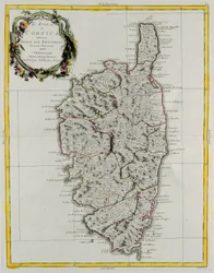 Øya Korsika delt inn i sine provinser, gravering av G. Zuliani hentet fra Tome II av "Newest Atlas" publisert i Venezia i 1782 av Antonio Zatta, Private Collection