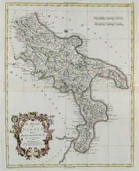 Kongeriket Napoli delt inn i sine provinser, gravering av G. Zuliani hentet fra Tome II av "Newest Atlas" utgitt i Venezia i 1781 av Antonio Zatta, Private Collection