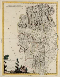 Landområde i delstaten Veneto: området av Vicenza delt inn i bispedømmer og magistrater, gravering av G. Zuliani hentet fra Tome II av "Nyeste atlas" utgitt i Venezia i 1782 av Antonio Zatta, privat samling