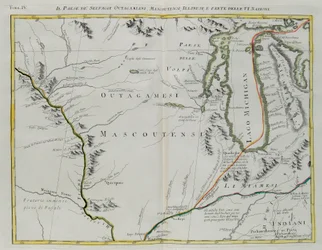 Landet til Outagamie-, Mascoutin- og Illinois-indianerne og en del av De seks nasjonene, stikk ved G. Zuliani hentet fra bind I av «Det nyeste atlaset», utgitt i Venezia i 1778 av Antonio Zatta, privatsamling
