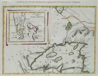 Land of the Ottawa og Kilistine Indians rundt Lake Superior og et supplement fra østlige Florida, gravering av G. Zuliani hentet fra Tome I av "Newest Atlas" publisert i Venezia i 1778 av Antonio Zatta, Private Collection