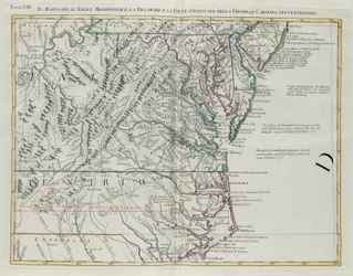 Maryland, sørlige New Jersey, Delaware og den østlige delen av Virginia og North Carolina, gravering av G. Zuliani hentet fra Tome I av "Newest Atlas" utgitt i Venezia i 1778 av Antonio Zatta, Private Collection