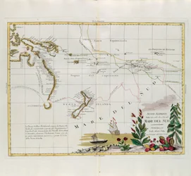Nye funn gjort i 1775, 67 og 69 i sørhavet, gravering av G. Zuliani hentet fra Tome I of the Newest Atlas publisert i Venezia i 1776 av Antonio Zatta, Private Collection