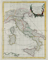 Politisk kart over Italia, gravert av G. Zuliani, hentet fra bind IV av "Novissimo Atlas" utgitt i Venezia i 1785 av Antonio Zatta, privat samling
