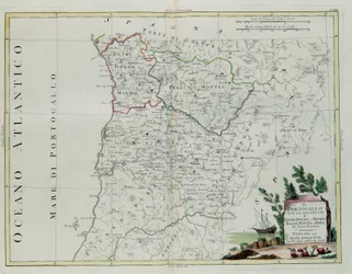 Portugal, det vil si provinsene Entre Douro, Minho, Traz-os-Montes og Beir, gravering av G. Zuliani hentet fra Tome I of the Newest Atlas publisert i Venezia i 1776 av Antonio Zatta, Private Coll.