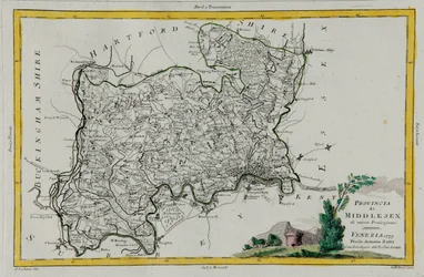 Province of Middlesex, gravering av G. Zuliani hentet fra Tome I av "Newest Atlas" utgitt i Venezia i 1779 av Antonio Zatta, Private Collection