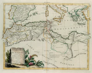 Barbarykysten eller kongedømmene Marokko, Fez, Algerie, Tunisia og Tripoli med omkringliggende land, gravering av G. Zuliani hentet fra Tome IV av "Newest Atlas" utgitt i Venezia i 1784 av Antonio Zatta, Private Collection