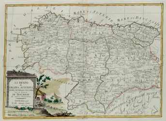 Kongedømmene Galicia, Asturies, Leon, Castilla Vieja med rådet i Biscallia, gravering av G. Zuliani hentet fra Tome I of the Newest Atlas publisert i Venezia i 1776 av Antonio Zatta, Priva