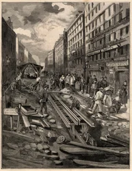 Belleville taubanen, la banen, rue de Belleville i 1894. Gravering etter M.G. de Burgrraffs tegning. I "The Illustrous World" fra 1894.