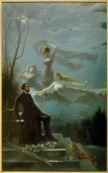 Romantikken: «Mussets netter». Den franske dikteren Alfred de Musset (1810-1857) inspireres av musene til å skrive «Nettene». Maleri av Gabriel Aimable de la Foulhouze (1825-1887). 1886. Clermont-Ferrand. Roger