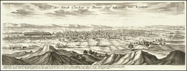 Illustrasjon fra 1720 - Utsikt over byen Cashan i Persia, fem dagers reise fra Ispahan