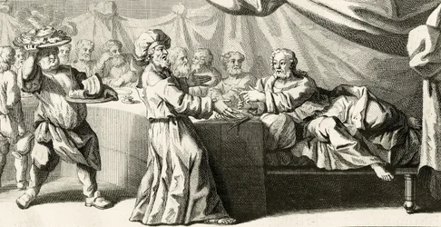 Jesus inviterte til middag med fariseeren, illustrasjon fra Lukasevangeliet, kapittel 11:37, 1728