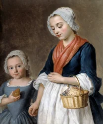 Liten jente kjører i klassen En mor holder sin lille datters smak i en kurv. Detalj av et maleri av Gabriel Gresly (1712-1756)