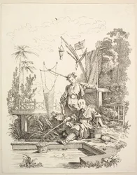 En kinesisk mann og kvinne som fisker ved en fiskedam, 1700-tallet.