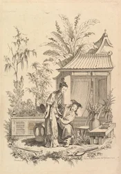 Chinoiserie-scene med figurer i et landskap, 1700-tallet.