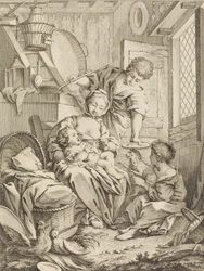 Plate 1: Ung kvinne som mater sitt spedbarn, fra Premier Livre de Subjects et Pastorales Fi..., 1720-72.