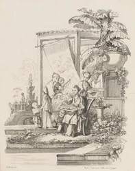 Sittende kvinne med barn og tjenere, ca. 1738-45.