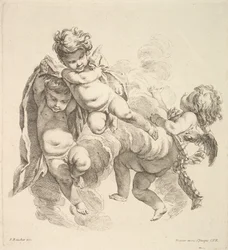 Tre barn blant skyer som bærer et draperi, 1738-45.
