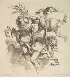 Tre barn blant skyer nær et palmeblad, 1738-45.