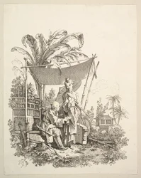 Kvinne som viser nysgjerrigheter til soldat, ca. 1742.