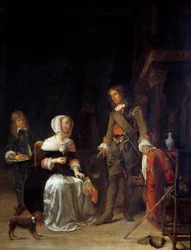 En soldat på besøk hos en ung jente Maleri av Gabriel Metsu (1629-1667) 1600-tallets sol. 0,63x0,47 m